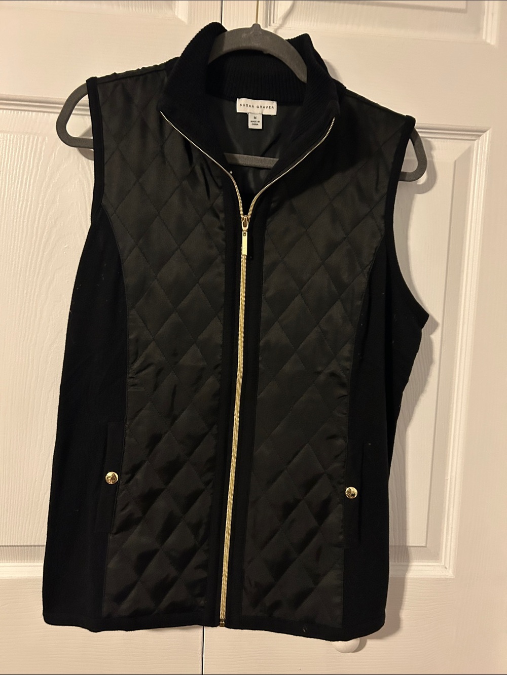 Susan Graver Black Quilted Sleeveless Vest with Gold Zipper